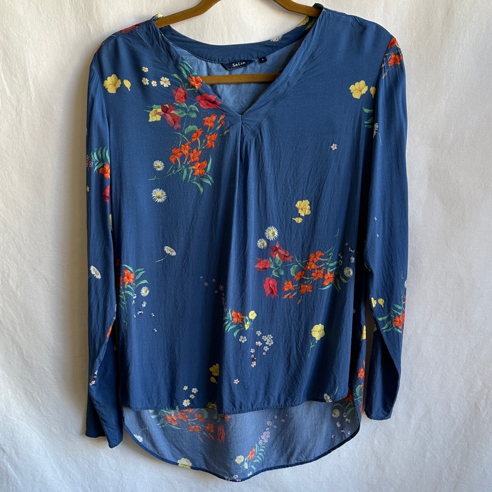 Salsa blue floral print long sleeve blouse, size L